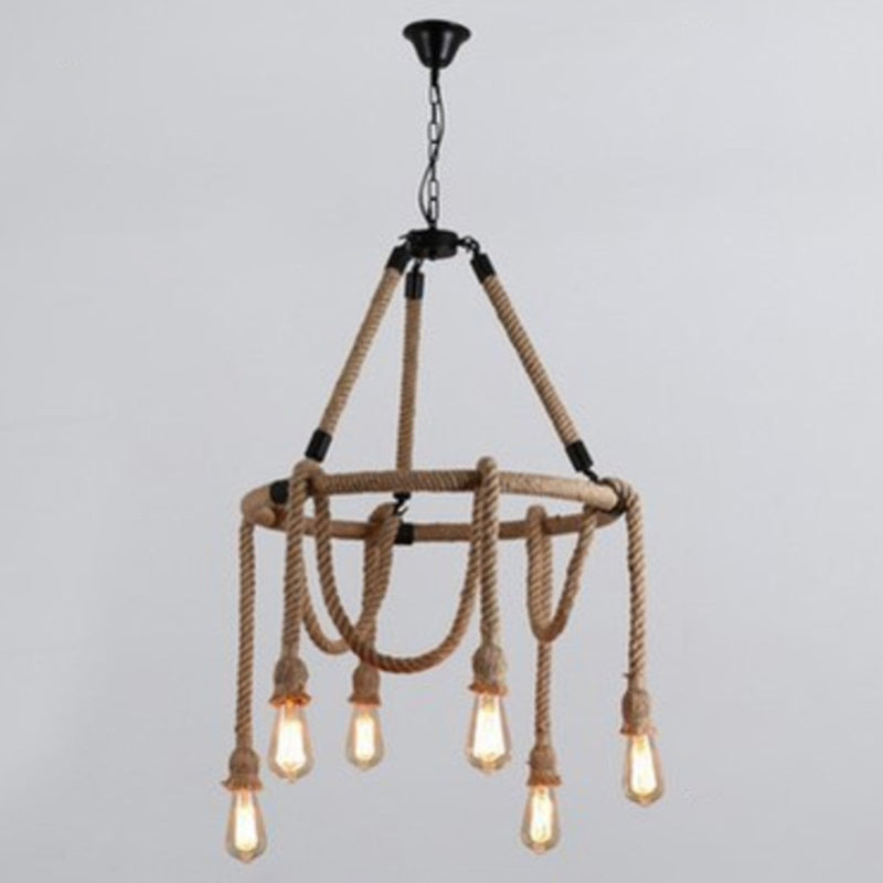 Hemp Rope Exposed Bulb Chandelier Antiqued Restaurant Pendant Light Kit in Beige Clearhalo 'Cast Iron' 'Ceiling Lights' 'Chandeliers' 'Industrial Chandeliers' 'Industrial' 'Metal' 'Middle Century Chandeliers' 'Rustic Chandeliers' 'Tiffany' Lighting' 2010601