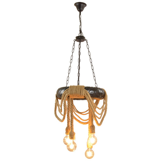 Beige 4 Heads Chandelier Lighting Farmhouse Rubber Tyre Pendant Light Fixture with Open Bulb and Rope Cord Design Beige Clearhalo 'Cast Iron' 'Ceiling Lights' 'Chandeliers' 'Industrial Chandeliers' 'Industrial' 'Metal' 'Middle Century Chandeliers' 'Rustic Chandeliers' 'Tiffany' Lighting' 2010607