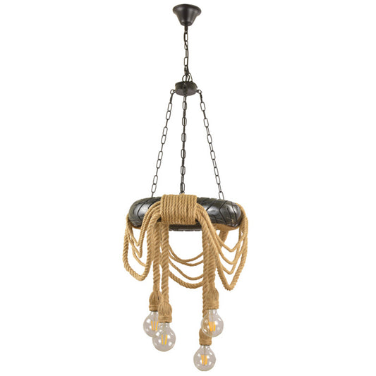 Beige 4 Heads Chandelier Lighting Farmhouse Rubber Tyre Pendant Light Fixture with Open Bulb and Rope Cord Design Clearhalo 'Cast Iron' 'Ceiling Lights' 'Chandeliers' 'Industrial Chandeliers' 'Industrial' 'Metal' 'Middle Century Chandeliers' 'Rustic Chandeliers' 'Tiffany' Lighting' 2010608