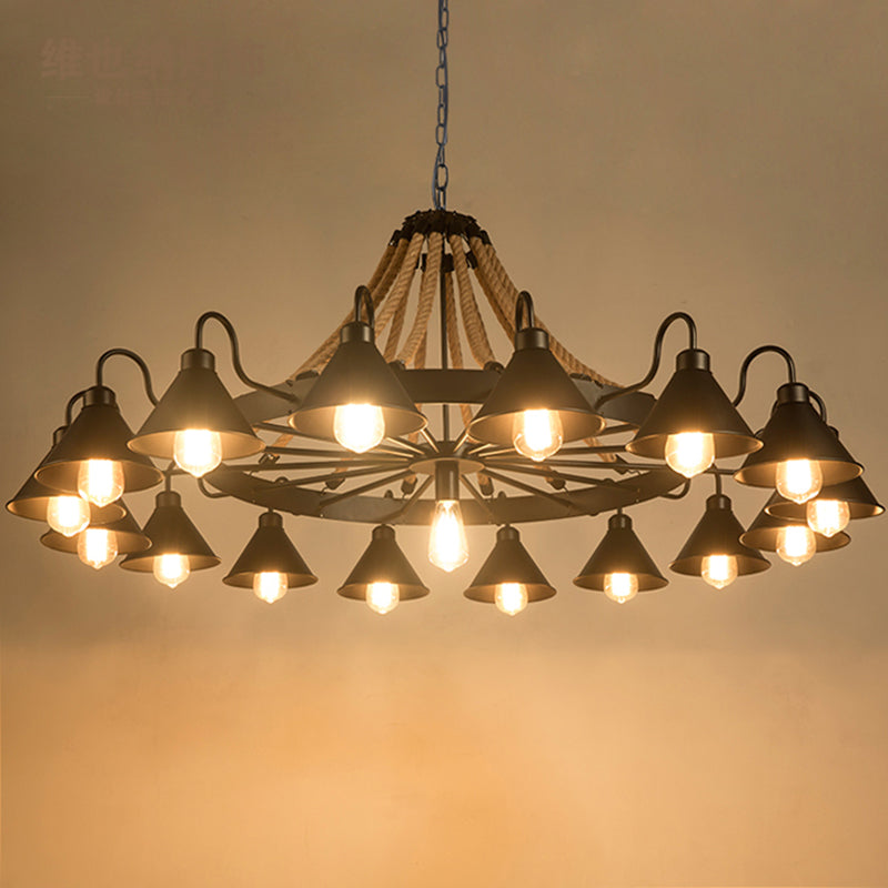 Metal Black Chandelier Light Fixture Cone Industrial Rope Ceiling Suspension Lamp with Wagon Wheel Design Clearhalo 'Cast Iron' 'Ceiling Lights' 'Chandeliers' 'Industrial Chandeliers' 'Industrial' 'Metal' 'Middle Century Chandeliers' 'Rustic Chandeliers' 'Tiffany' Lighting' 2010619