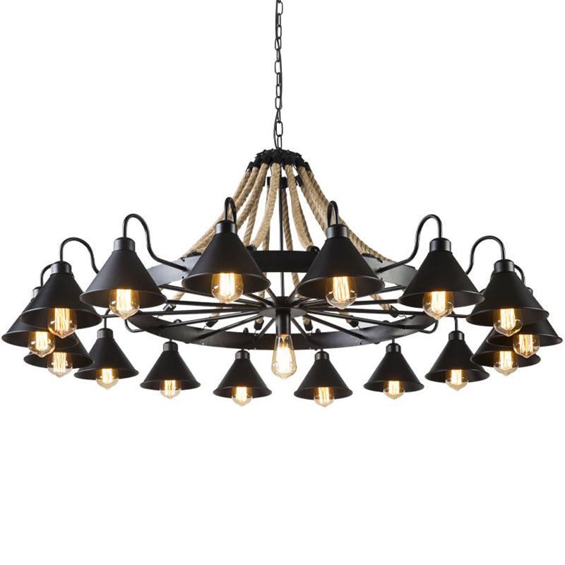 Metal Black Chandelier Light Fixture Cone Industrial Rope Ceiling Suspension Lamp with Wagon Wheel Design Clearhalo 'Cast Iron' 'Ceiling Lights' 'Chandeliers' 'Industrial Chandeliers' 'Industrial' 'Metal' 'Middle Century Chandeliers' 'Rustic Chandeliers' 'Tiffany' Lighting' 2010621