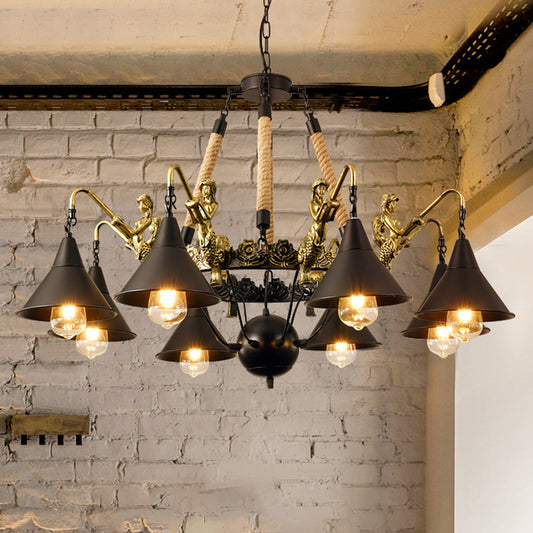 Farm Conical Pendant Chandelier Metal Suspension Lamp with Mermaid Arm in Black for Living Room Clearhalo 'Cast Iron' 'Ceiling Lights' 'Chandeliers' 'Industrial Chandeliers' 'Industrial' 'Metal' 'Middle Century Chandeliers' 'Rustic Chandeliers' 'Tiffany' Lighting' 2010624