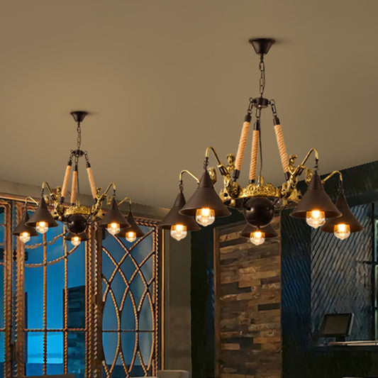 Farm Conical Pendant Chandelier Metal Suspension Lamp with Mermaid Arm in Black for Living Room 5 Black Clearhalo 'Cast Iron' 'Ceiling Lights' 'Chandeliers' 'Industrial Chandeliers' 'Industrial' 'Metal' 'Middle Century Chandeliers' 'Rustic Chandeliers' 'Tiffany' Lighting' 2010626