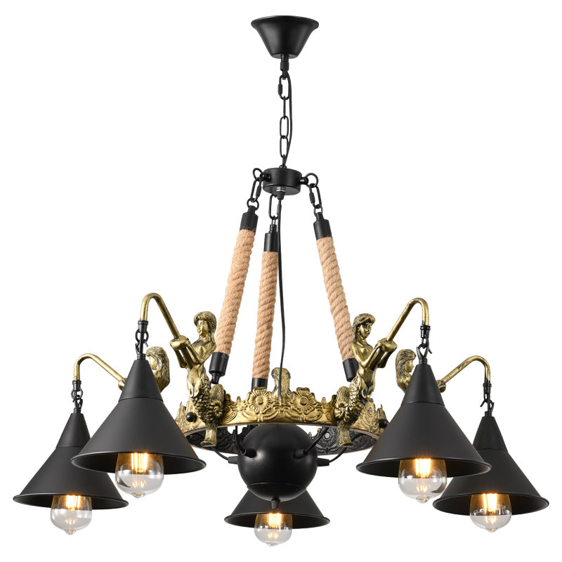 Farm Conical Pendant Chandelier Metal Suspension Lamp with Mermaid Arm in Black for Living Room Clearhalo 'Cast Iron' 'Ceiling Lights' 'Chandeliers' 'Industrial Chandeliers' 'Industrial' 'Metal' 'Middle Century Chandeliers' 'Rustic Chandeliers' 'Tiffany' Lighting' 2010627