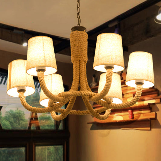 Conical Fabric Hanging Chandelier Rustic 6 Lights Dining Room Rope Ceiling Lamp in Beige Beige A Clearhalo 'Cast Iron' 'Ceiling Lights' 'Chandeliers' 'Industrial Chandeliers' 'Industrial' 'Metal' 'Middle Century Chandeliers' 'Rustic Chandeliers' 'Tiffany' Lighting' 2010628