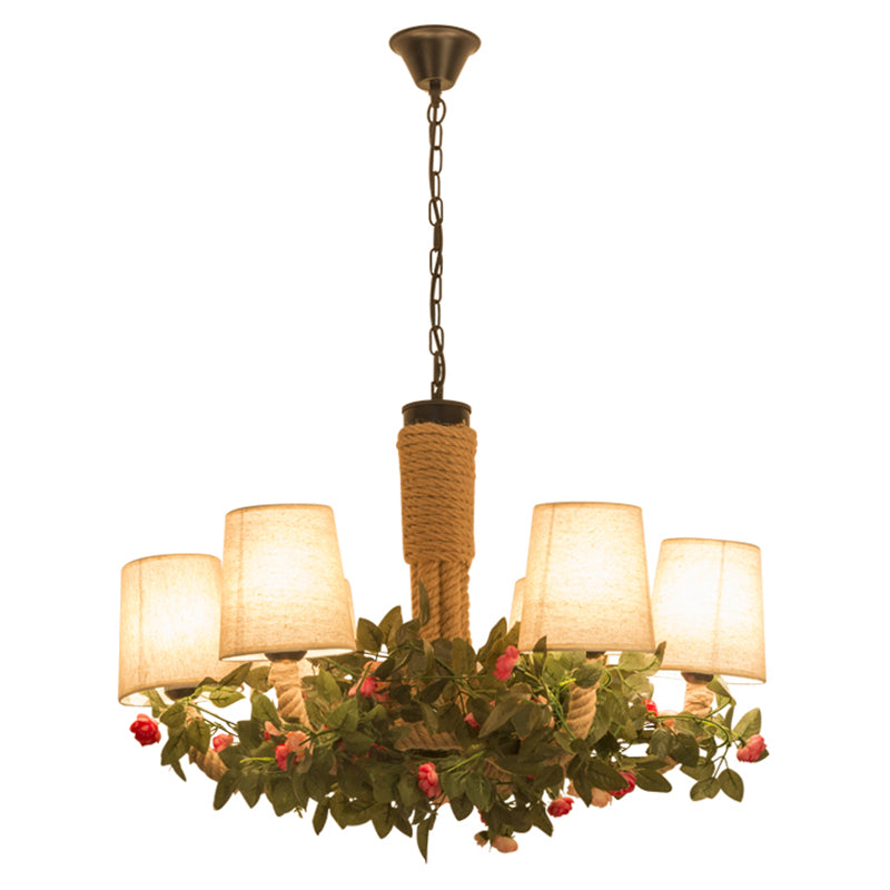 Conical Fabric Hanging Chandelier Rustic 6 Lights Dining Room Rope Ceiling Lamp in Beige Clearhalo 'Cast Iron' 'Ceiling Lights' 'Chandeliers' 'Industrial Chandeliers' 'Industrial' 'Metal' 'Middle Century Chandeliers' 'Rustic Chandeliers' 'Tiffany' Lighting' 2010631