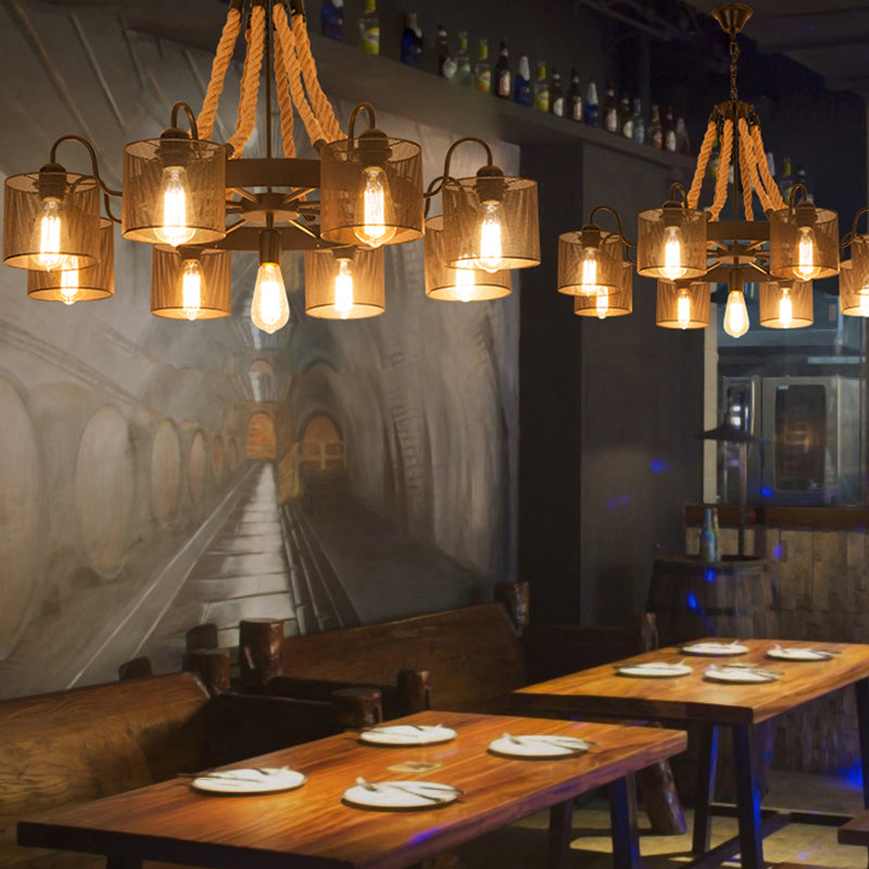 Wagon Wheel Metal Chandelier Factory Dining Room Jute Rope Pendant Light Kit in Black Clearhalo 'Cast Iron' 'Ceiling Lights' 'Chandeliers' 'Industrial Chandeliers' 'Industrial' 'Metal' 'Middle Century Chandeliers' 'Rustic Chandeliers' 'Tiffany' Lighting' 2010636