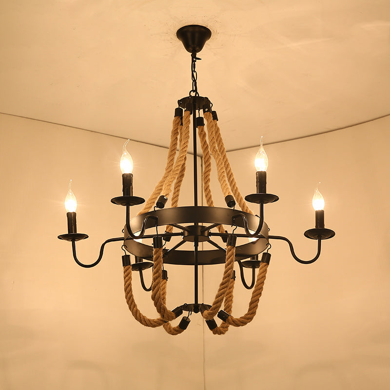 Wagon Wheel Metal Chandelier Factory Dining Room Jute Rope Pendant Light Kit in Black Black F Clearhalo 'Cast Iron' 'Ceiling Lights' 'Chandeliers' 'Industrial Chandeliers' 'Industrial' 'Metal' 'Middle Century Chandeliers' 'Rustic Chandeliers' 'Tiffany' Lighting' 2010638