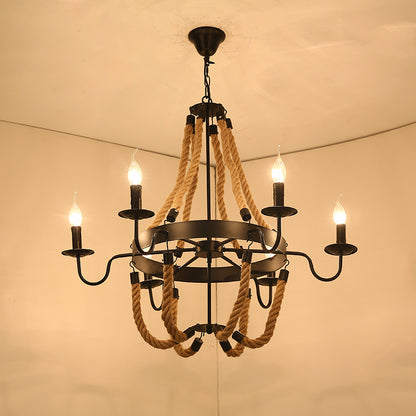 Wagon Wheel Metal Chandelier Factory Dining Room Jute Rope Pendant Light Kit in Black Black F Clearhalo 'Cast Iron' 'Ceiling Lights' 'Chandeliers' 'Industrial Chandeliers' 'Industrial' 'Metal' 'Middle Century Chandeliers' 'Rustic Chandeliers' 'Tiffany' Lighting' 2010638