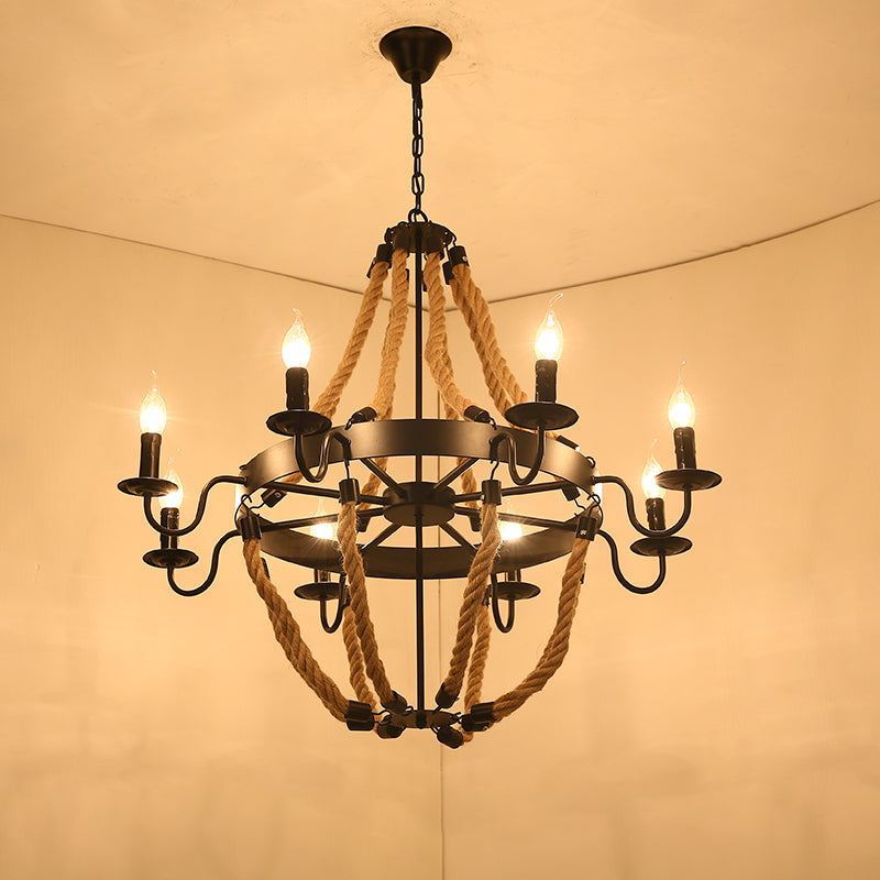 Wagon Wheel Metal Chandelier Factory Dining Room Jute Rope Pendant Light Kit in Black Black G Clearhalo 'Cast Iron' 'Ceiling Lights' 'Chandeliers' 'Industrial Chandeliers' 'Industrial' 'Metal' 'Middle Century Chandeliers' 'Rustic Chandeliers' 'Tiffany' Lighting' 2010639