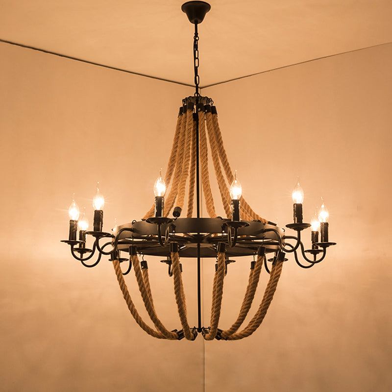 Wagon Wheel Metal Chandelier Factory Dining Room Jute Rope Pendant Light Kit in Black Black H Clearhalo 'Cast Iron' 'Ceiling Lights' 'Chandeliers' 'Industrial Chandeliers' 'Industrial' 'Metal' 'Middle Century Chandeliers' 'Rustic Chandeliers' 'Tiffany' Lighting' 2010640