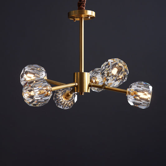 Beveled Cut Crystal Ball Chandelier Modern 6/15/18-Bulb Living Room Suspended Lighting Fixture in Brass 6 Brass