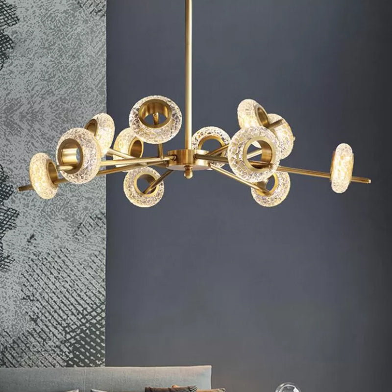 8/12/18-Head Circlet Chandelier Light Post-Modern Brass Carved Crystal Hanging Pendant for Living Room 12 Brass Clearhalo 'Ceiling Lights' 'Chandeliers' 'Modern Chandeliers' 'Modern' Lighting' 2010652