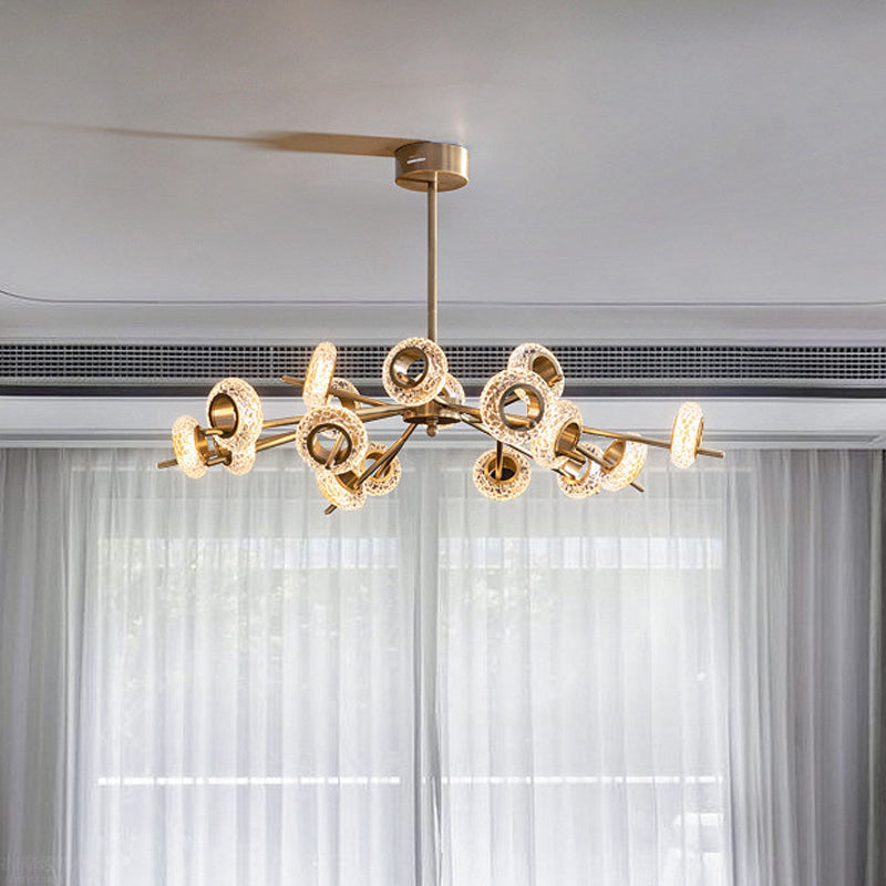 8/12/18-Head Circlet Chandelier Light Post-Modern Brass Carved Crystal Hanging Pendant for Living Room 18 Brass Clearhalo 'Ceiling Lights' 'Chandeliers' 'Modern Chandeliers' 'Modern' Lighting' 2010659