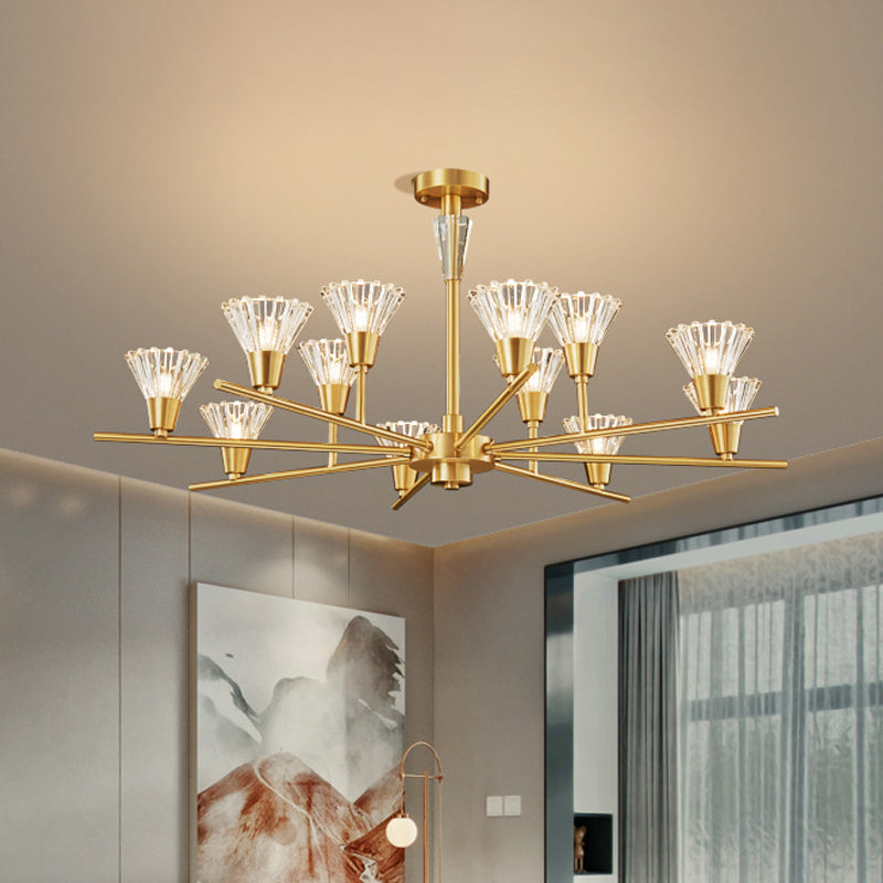 Brass Flower-Like Pendant Light Fixture Modern Clear Glass 6/8/12 Heads Living Room Up Chandelier 12 Brass Clearhalo 'Ceiling Lights' 'Chandeliers' 'Modern Chandeliers' 'Modern' Lighting' 2010669
