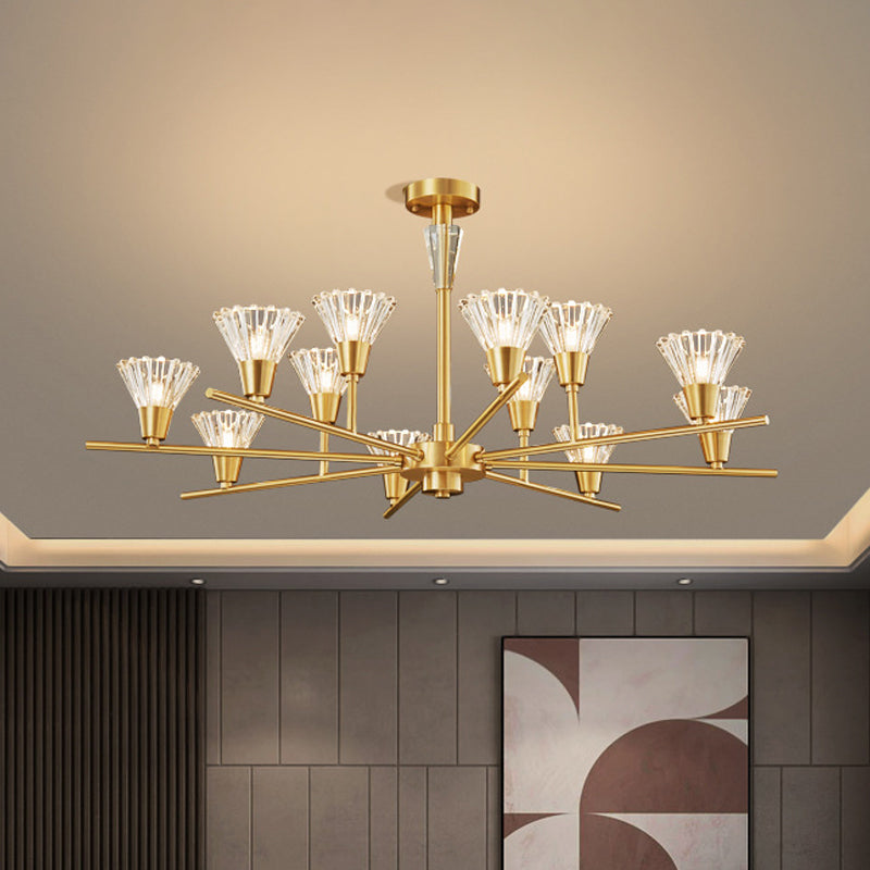 Brass Flower-Like Pendant Light Fixture Modern Clear Glass 6/8/12 Heads Living Room Up Chandelier Clearhalo 'Ceiling Lights' 'Chandeliers' 'Modern Chandeliers' 'Modern' Lighting' 2010670