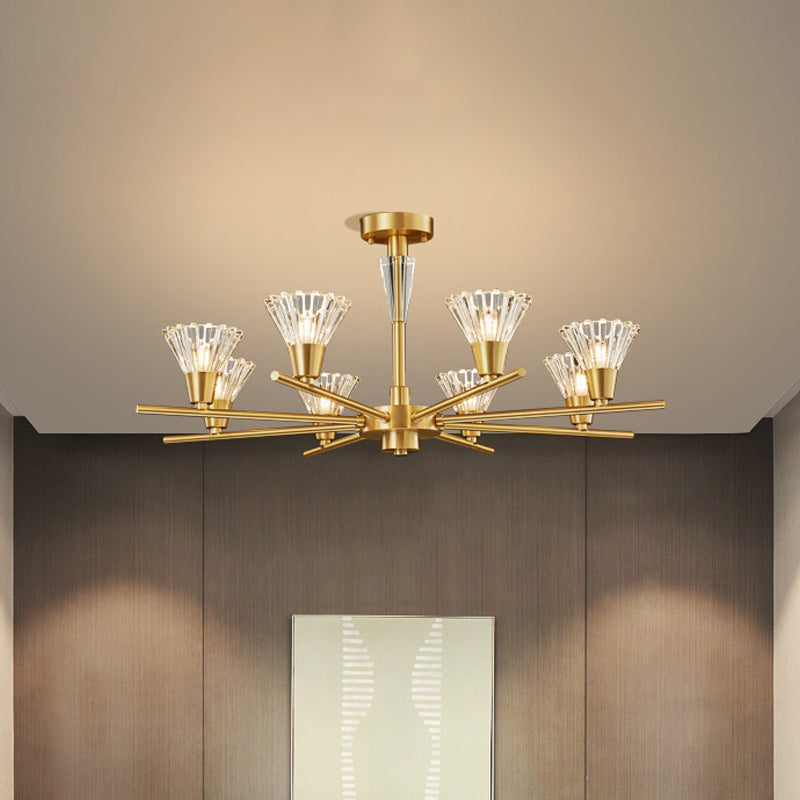 Brass Flower-Like Pendant Light Fixture Modern Clear Glass 6/8/12 Heads Living Room Up Chandelier 8 Brass Clearhalo 'Ceiling Lights' 'Chandeliers' 'Modern Chandeliers' 'Modern' Lighting' 2010674
