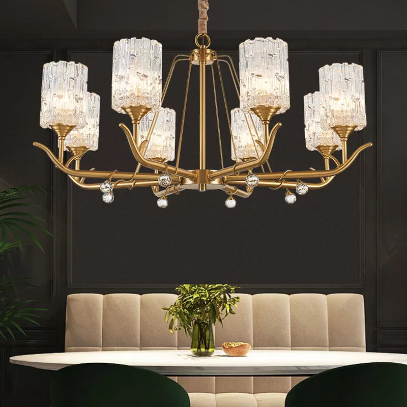 3/6/8-Light Hand-Blown Textured Glass Chandelier Postmodern Brass Cylinder Dining Room Hanging Ceiling Light Clearhalo 'Ceiling Lights' 'Chandeliers' 'Modern Chandeliers' 'Modern' Lighting' 2010678