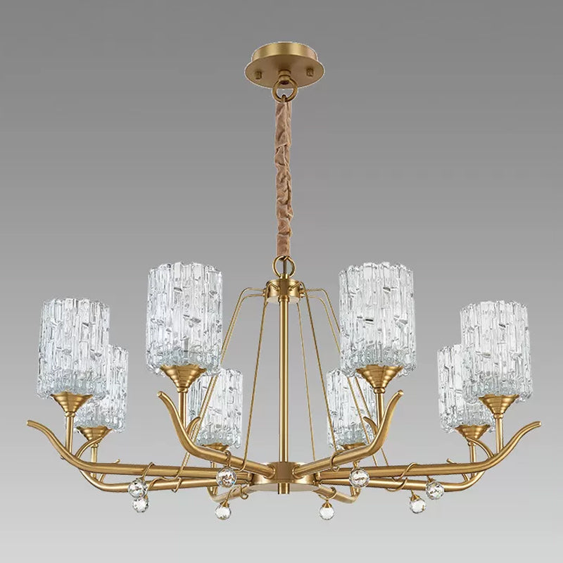 3/6/8-Light Hand-Blown Textured Glass Chandelier Postmodern Brass Cylinder Dining Room Hanging Ceiling Light Clearhalo 'Ceiling Lights' 'Chandeliers' 'Modern Chandeliers' 'Modern' Lighting' 2010679