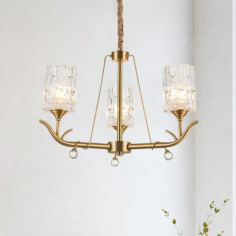 3/6/8-Light Hand-Blown Textured Glass Chandelier Postmodern Brass Cylinder Dining Room Hanging Ceiling Light 3 Brass Clearhalo 'Ceiling Lights' 'Chandeliers' 'Modern Chandeliers' 'Modern' Lighting' 2010680