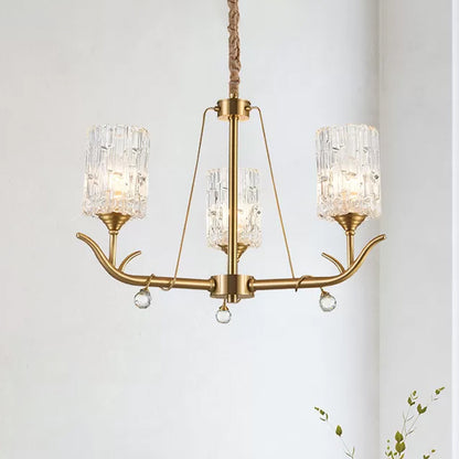 3/6/8-Light Hand-Blown Textured Glass Chandelier Postmodern Brass Cylinder Dining Room Hanging Ceiling Light 3 Brass Clearhalo 'Ceiling Lights' 'Chandeliers' 'Modern Chandeliers' 'Modern' Lighting' 2010680