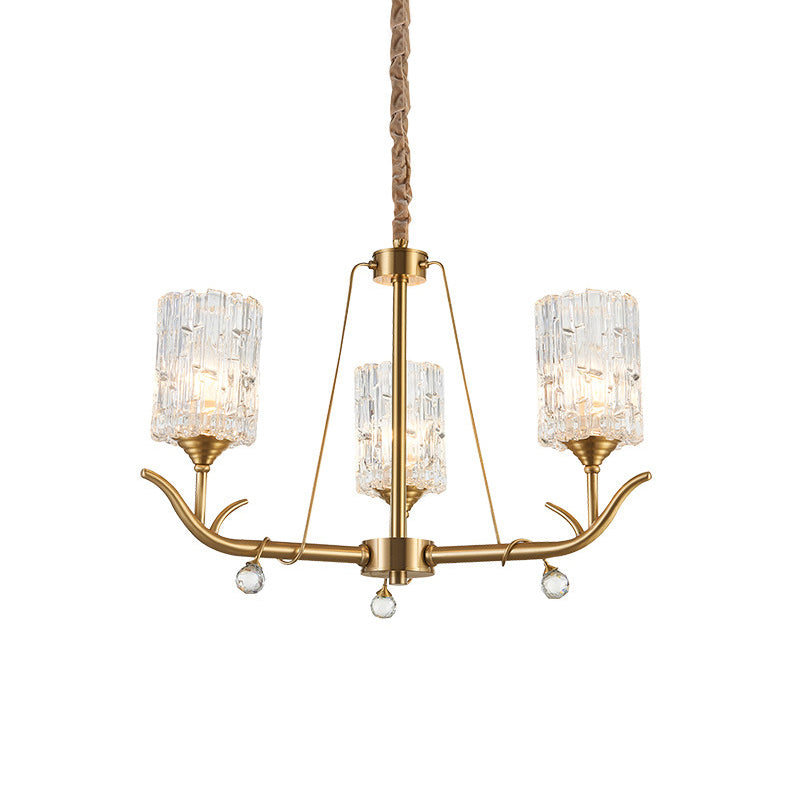 3/6/8-Light Hand-Blown Textured Glass Chandelier Postmodern Brass Cylinder Dining Room Hanging Ceiling Light Clearhalo 'Ceiling Lights' 'Chandeliers' 'Modern Chandeliers' 'Modern' Lighting' 2010681