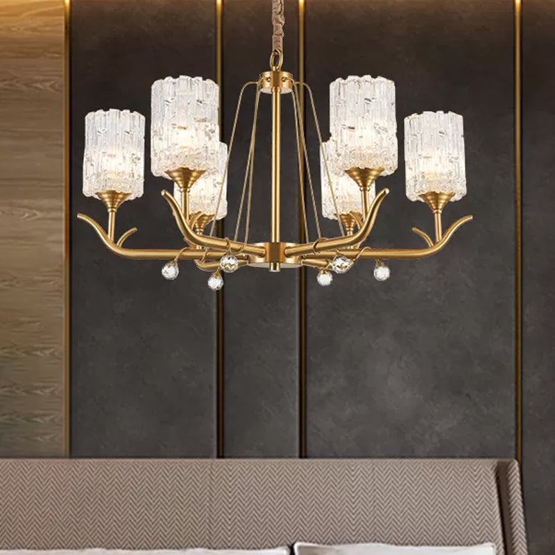 3/6/8-Light Hand-Blown Textured Glass Chandelier Postmodern Brass Cylinder Dining Room Hanging Ceiling Light 6 Brass Clearhalo 'Ceiling Lights' 'Chandeliers' 'Modern Chandeliers' 'Modern' Lighting' 2010682