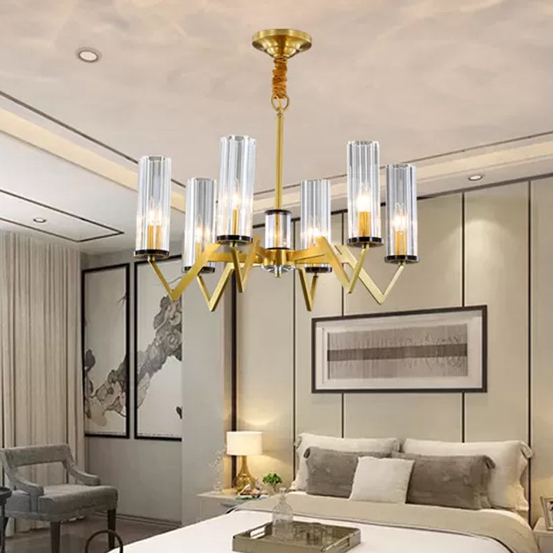 Tube Shade Bedroom Pendant Light Post-Modern Clear Glass Prism 6/8-Bulb Brass Finish Chandelier Clearhalo 'Ceiling Lights' 'Chandeliers' 'Modern Chandeliers' 'Modern' Lighting' 2010687