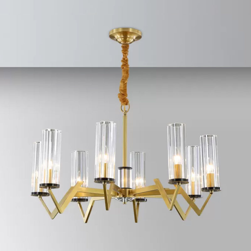 Tube Shade Bedroom Pendant Light Post-Modern Clear Glass Prism 6/8-Bulb Brass Finish Chandelier 8 Brass Clearhalo 'Ceiling Lights' 'Chandeliers' 'Modern Chandeliers' 'Modern' Lighting' 2010688