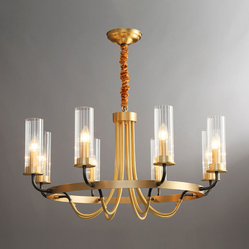 6/8 Lights Tube Up Chandelier Postmodern Black/Gold Clear Ribbed Glass Ceiling Hang Lamp with Curved Arm 8 Gold Clearhalo 'Ceiling Lights' 'Chandeliers' 'Modern Chandeliers' 'Modern' Lighting' 2010700