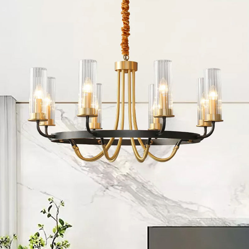 6/8 Lights Tube Up Chandelier Postmodern Black/Gold Clear Ribbed Glass Ceiling Hang Lamp with Curved Arm 8 Black Clearhalo 'Ceiling Lights' 'Chandeliers' 'Modern Chandeliers' 'Modern' Lighting' 2010701