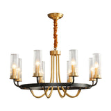6/8 Lights Tube Up Chandelier Postmodern Black/Gold Clear Ribbed Glass Ceiling Hang Lamp with Curved Arm Clearhalo 'Ceiling Lights' 'Chandeliers' 'Modern Chandeliers' 'Modern' Lighting' 2010702