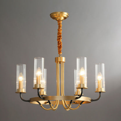 6/8 Lights Tube Up Chandelier Postmodern Black/Gold Clear Ribbed Glass Ceiling Hang Lamp with Curved Arm 6 Gold Clearhalo 'Ceiling Lights' 'Chandeliers' 'Modern Chandeliers' 'Modern' Lighting' 2010705