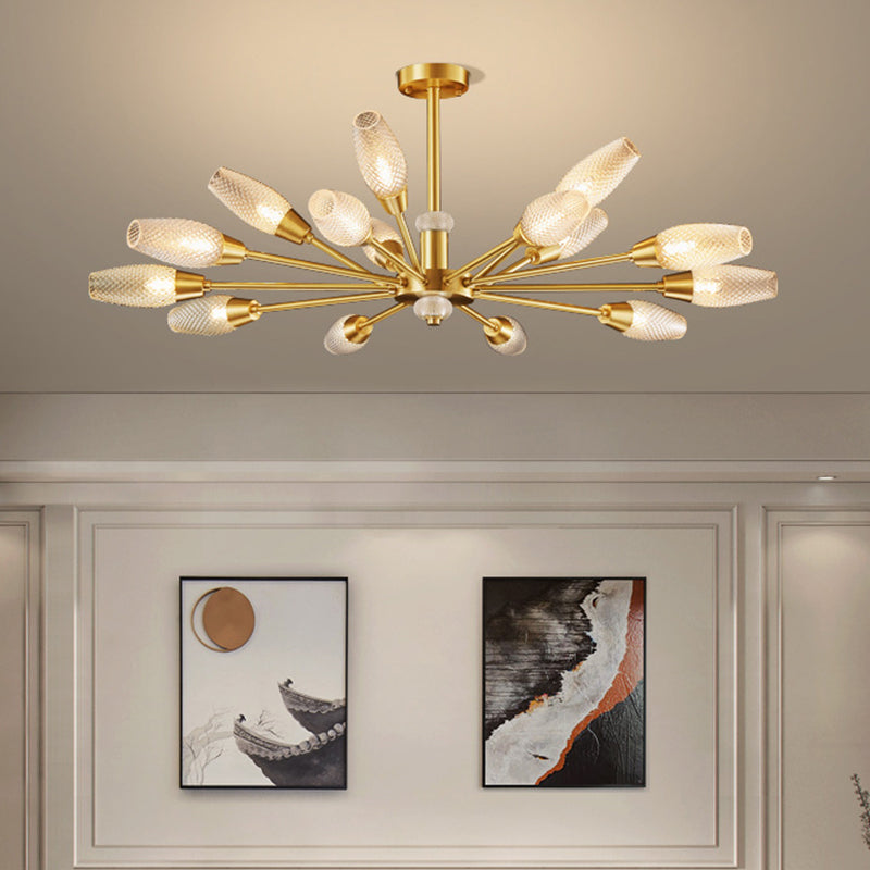 Brass Tulip Hanging Lamp Modern Lattice Glass 9/12/15-Light Living Room Ceiling Chandelier 15 Brass Clearhalo 'Ceiling Lights' 'Chandeliers' 'Modern Chandeliers' 'Modern' Lighting' 2010706