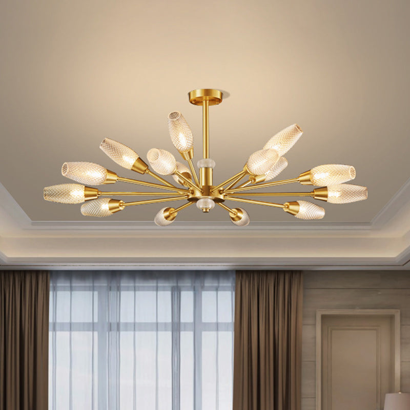 Brass Tulip Hanging Lamp Modern Lattice Glass 9/12/15-Light Living Room Ceiling Chandelier Clearhalo 'Ceiling Lights' 'Chandeliers' 'Modern Chandeliers' 'Modern' Lighting' 2010707
