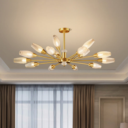 Brass Tulip Hanging Lamp Modern Lattice Glass 9/12/15-Light Living Room Ceiling Chandelier Clearhalo 'Ceiling Lights' 'Chandeliers' 'Modern Chandeliers' 'Modern' Lighting' 2010707