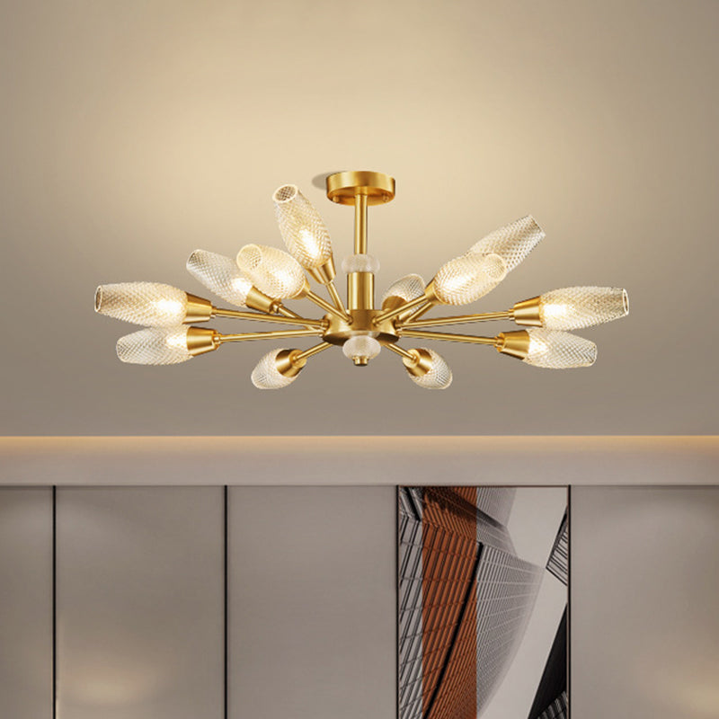 Brass Tulip Hanging Lamp Modern Lattice Glass 9/12/15-Light Living Room Ceiling Chandelier Clearhalo 'Ceiling Lights' 'Chandeliers' 'Modern Chandeliers' 'Modern' Lighting' 2010708