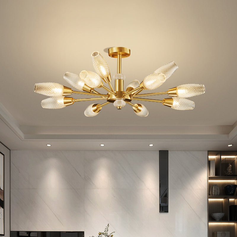 Brass Tulip Hanging Lamp Modern Lattice Glass 9/12/15-Light Living Room Ceiling Chandelier Clearhalo 'Ceiling Lights' 'Chandeliers' 'Modern Chandeliers' 'Modern' Lighting' 2010709