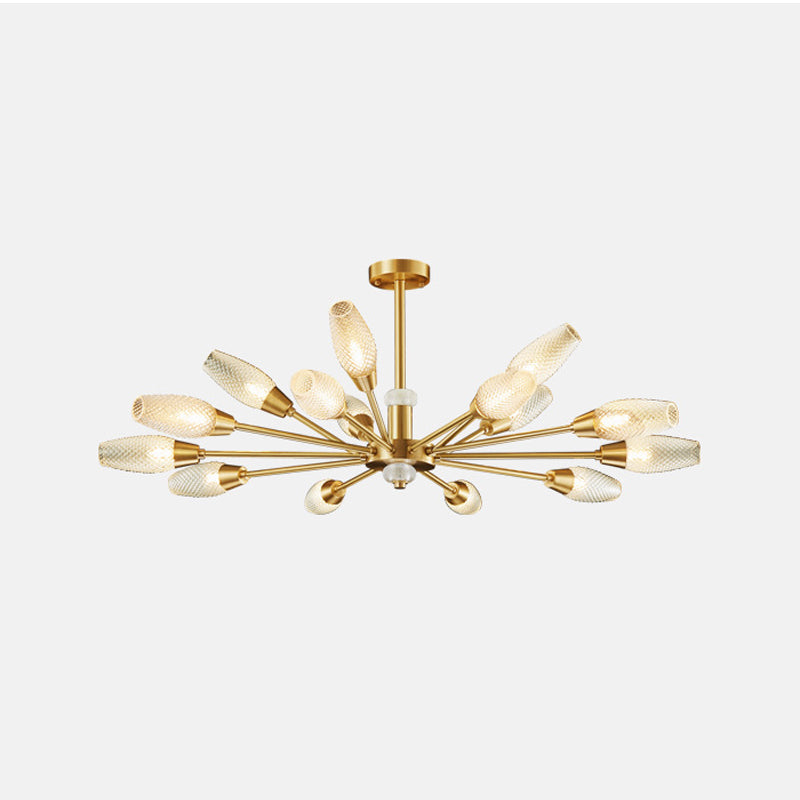 Brass Tulip Hanging Lamp Modern Lattice Glass 9/12/15-Light Living Room Ceiling Chandelier Clearhalo 'Ceiling Lights' 'Chandeliers' 'Modern Chandeliers' 'Modern' Lighting' 2010710