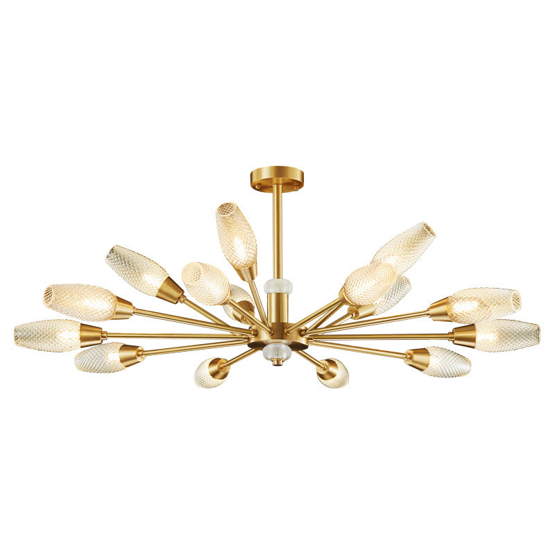 Brass Tulip Hanging Lamp Modern Lattice Glass 9/12/15-Light Living Room Ceiling Chandelier Clearhalo 'Ceiling Lights' 'Chandeliers' 'Modern Chandeliers' 'Modern' Lighting' 2010711
