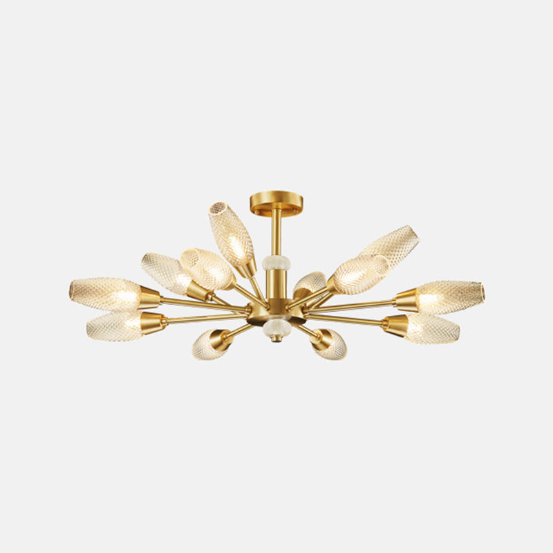 Brass Tulip Hanging Lamp Modern Lattice Glass 9/12/15-Light Living Room Ceiling Chandelier 12 Brass Clearhalo 'Ceiling Lights' 'Chandeliers' 'Modern Chandeliers' 'Modern' Lighting' 2010713
