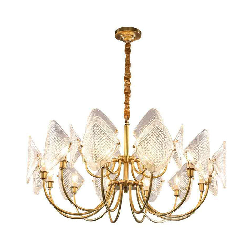 Rhombus Living Room Chandelier Post-Modern Grid Glass 12/15/18 Bulbs Brass Suspension Pendant Light Clearhalo 'Ceiling Lights' 'Chandeliers' 'Modern Chandeliers' 'Modern' Lighting' 2010717
