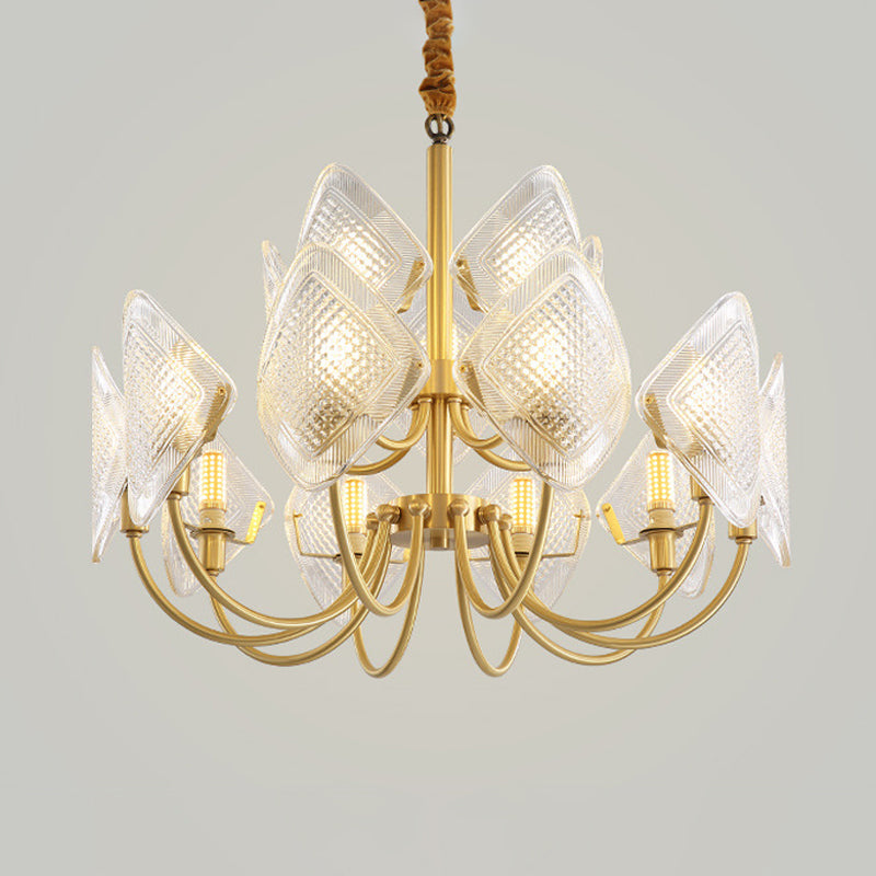 Rhombus Living Room Chandelier Post-Modern Grid Glass 12/15/18 Bulbs Brass Suspension Pendant Light 15 Brass Clearhalo 'Ceiling Lights' 'Chandeliers' 'Modern Chandeliers' 'Modern' Lighting' 2010719