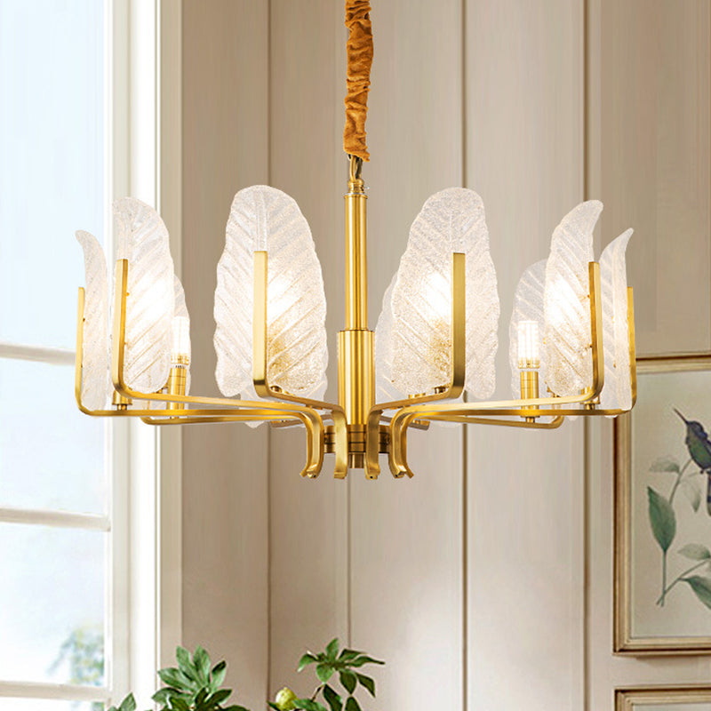 6/8/10-Head Leaf Chandelier Lamp Postmodern Brass Textured Glass Pendant Light Fixture Clearhalo 'Ceiling Lights' 'Chandeliers' 'Modern Chandeliers' 'Modern' Lighting' 2010723