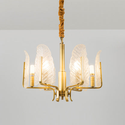 6/8/10-Head Leaf Chandelier Lamp Postmodern Brass Textured Glass Pendant Light Fixture 6 Brass Clearhalo 'Ceiling Lights' 'Chandeliers' 'Modern Chandeliers' 'Modern' Lighting' 2010727
