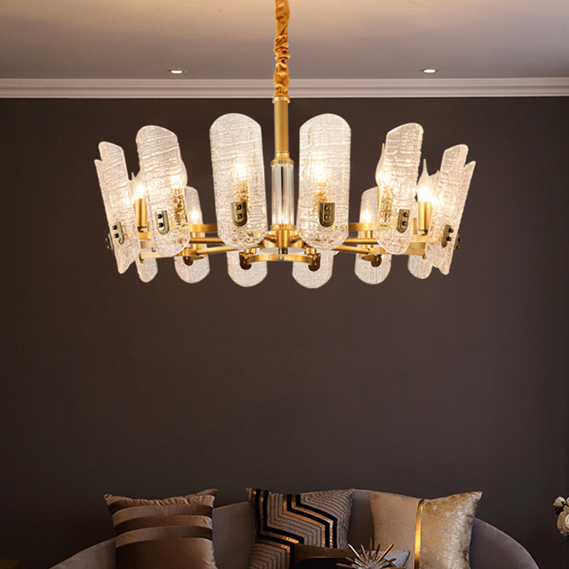 Brass 14/16 Heads Chandelier Postmodern Clear Crackle Glass Oval Ceiling Pendant Light Clearhalo 'Ceiling Lights' 'Chandeliers' 'Modern Chandeliers' 'Modern' Lighting' 2010750