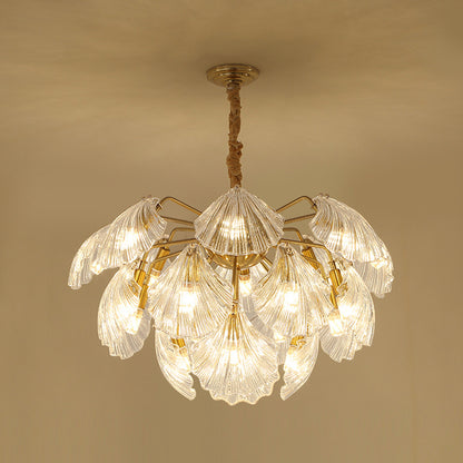 15/20 Bulbs Layered Scallop Hanging Light Nautical Gold Clear Glass Pendant Chandelier 15 Gold Clearhalo 'Ceiling Lights' 'Chandeliers' 'Modern Chandeliers' 'Modern' Lighting' 2010756