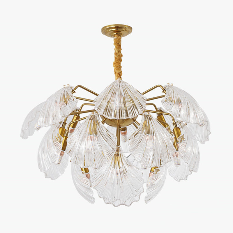 15/20 Bulbs Layered Scallop Hanging Light Nautical Gold Clear Glass Pendant Chandelier Clearhalo 'Ceiling Lights' 'Chandeliers' 'Modern Chandeliers' 'Modern' Lighting' 2010759