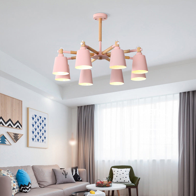 Starburst Chandelier Lamp Nordic Wood 8 Lights Ceiling Pendant with Conic Metal Shade 8 Pink Clearhalo 'Ceiling Lights' 'Chandeliers' 'Modern Chandeliers' 'Modern' Lighting' 2011017