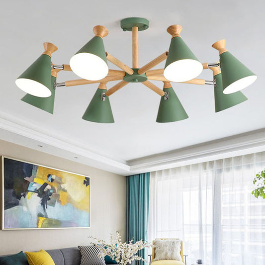 Cone Living Room Chandelier Metal 8 Bulbs Modern Pendant Light Fixture with Wood Cork 8 Green Clearhalo 'Carpenter Chandeliers' 'Ceiling Lights' 'Chandeliers' 'Industrial' 'Modern Chandeliers' 'Modern' Lighting' 2011022